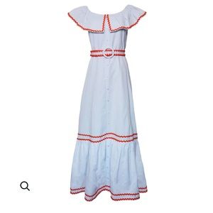 Off the Shoulder Dress, Sky Blue Linen with Red Ric Rac XS